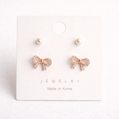 韓系蝴蝶結珍珠雙戴耳釘組