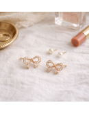 韓系蝴蝶結珍珠雙戴耳釘組