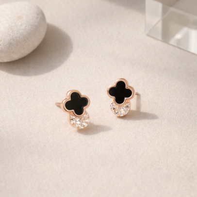 黑曜四葉鑽垂耳釘耳環