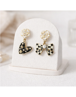Asymmetric Rose & Checker Bow Earrings